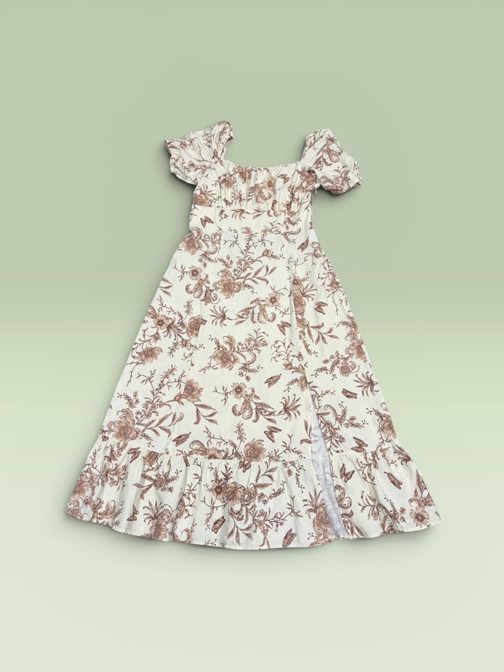 London Times Women’s Cream Maxi Dress with Brown Floral Print and Slit Sz 12 - Picture 1 of 14